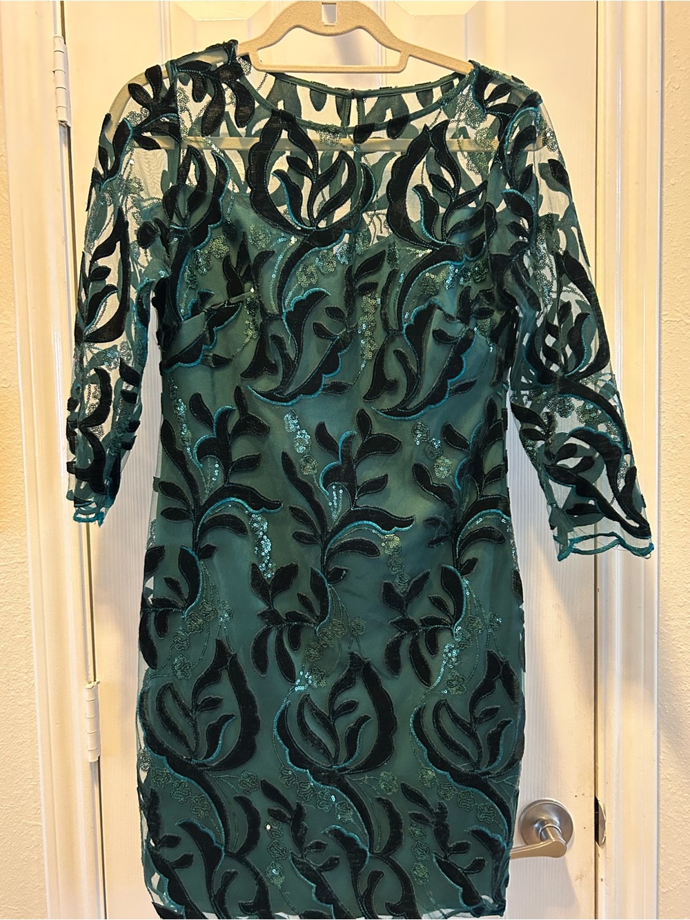 Donna Ricco Forest Green Embroidered Sheer Overlay Long Sleeve Dress